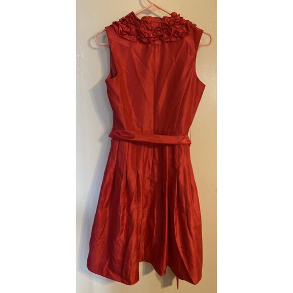 Red Cocktail Valentine Party Dress Size 8 Sleeveless Pleated Skirt Ruffled Neck - Picture 2 of 7